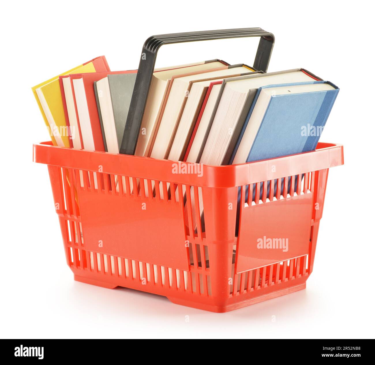 Plastic shopping basket with books isolated on white Stock Photo