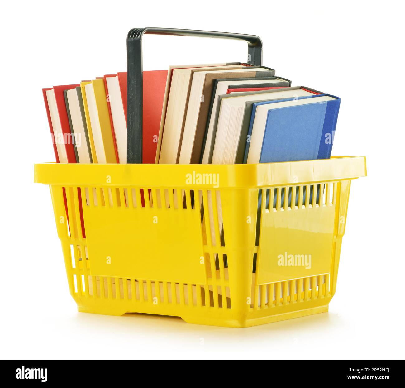 Plastic shopping basket with books isolated on white Stock Photo