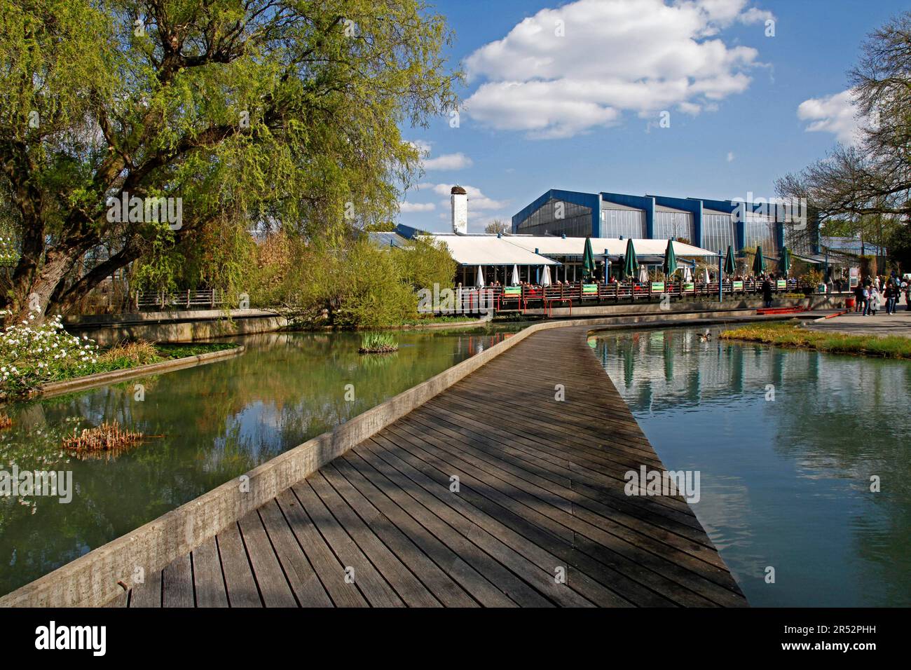 Artificial river, restaurant, plant show house, Luisenpark, Mannheim, Baden-Wuerttemberg, Germany Stock Photo