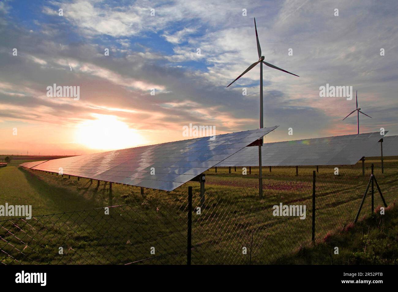 Repperndorf solar and wind power plant, Kitzingen, Lower Franconia, Bavaria, solar power plant, Germany Stock Photo