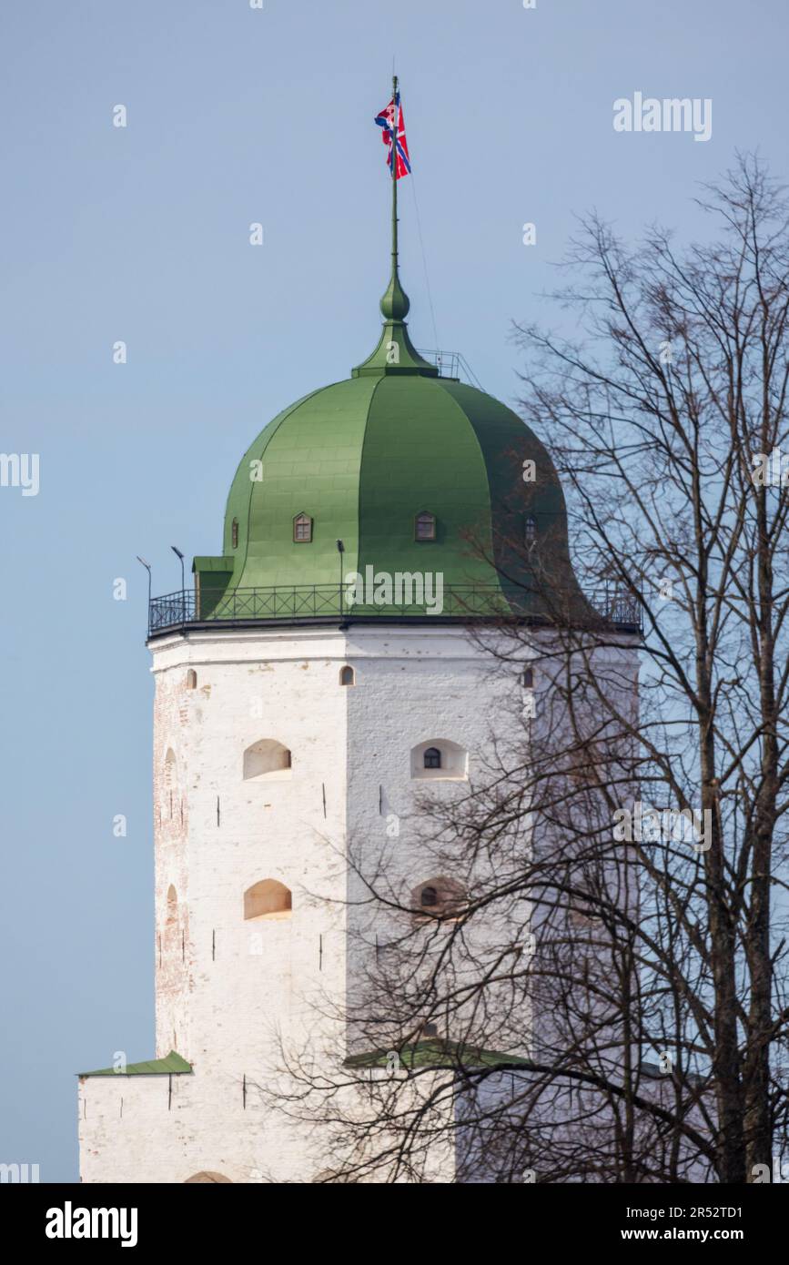White tower of Vyborg Castle on a sunny day. Russia. Close up vertical photo Stock Photo