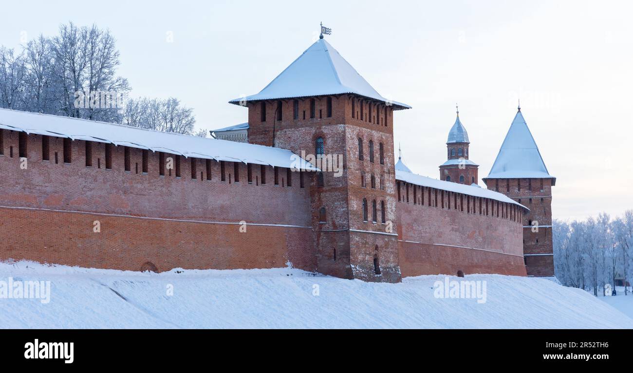 Novgorod Winter Novgorod Kremlin also known as Detinets. Panoramic outdoor photo with ...