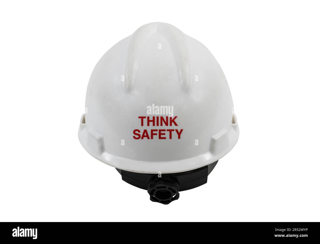 Think safety hard hat.  Worker protective helmet.  Isolated with cut out background. Stock Photo