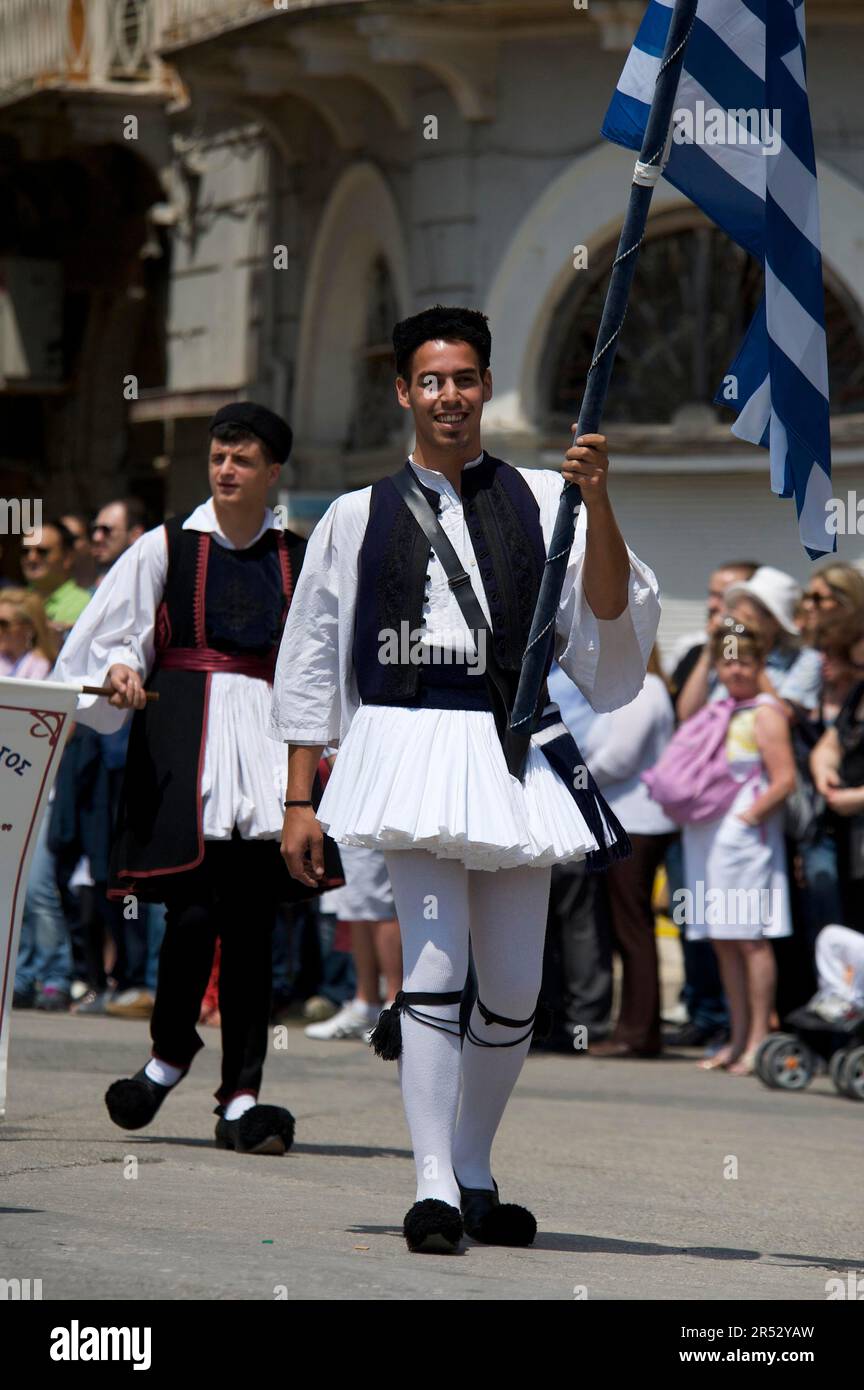 Men in traditional traditional costume at a festival in Kerkira, Corfu  Town, Corfu, Ionian Islands, Greece, flag bearers Stock Photo - Alamy