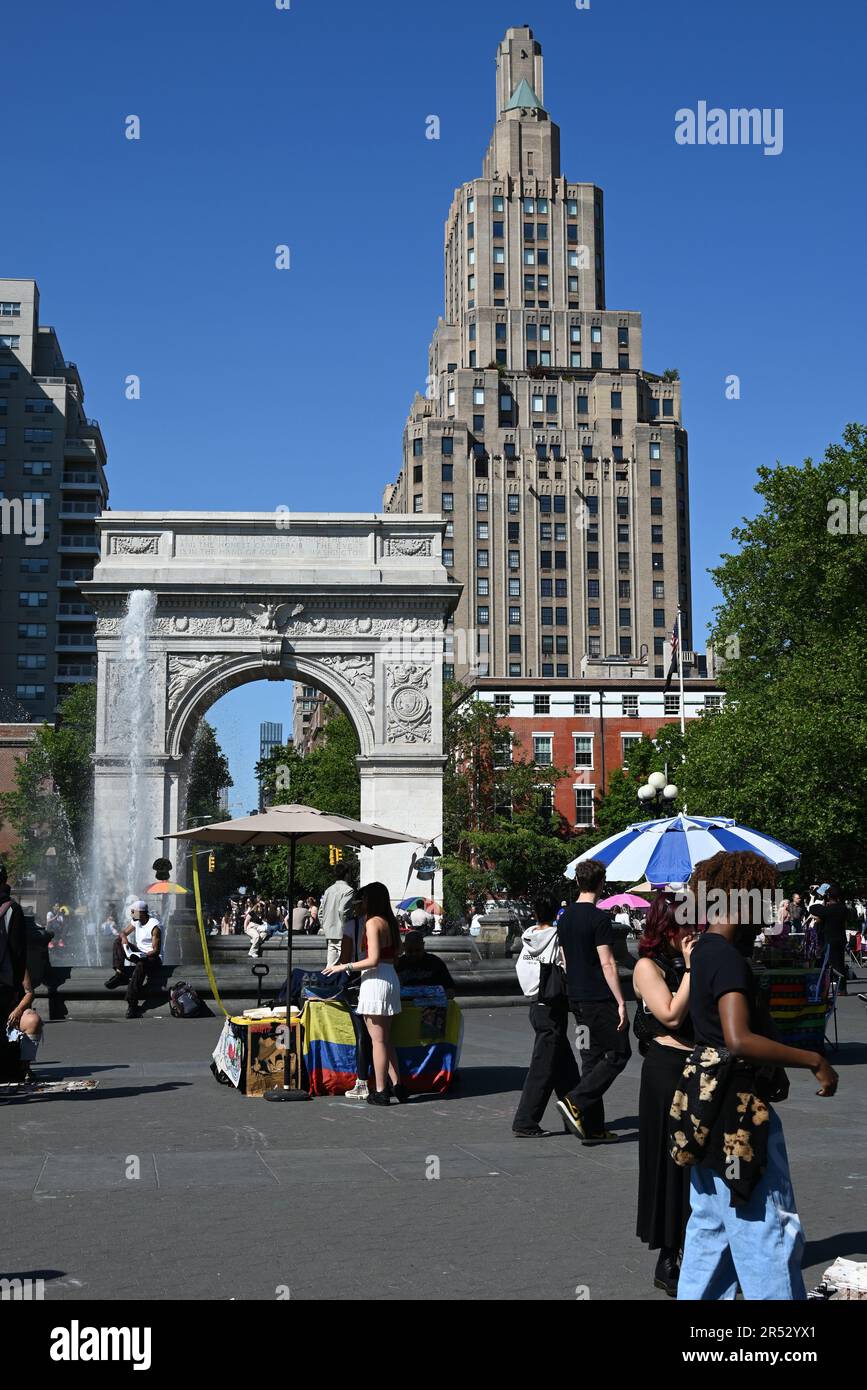 Vendors line the fountain plaza at Washington Square Park in New York's
