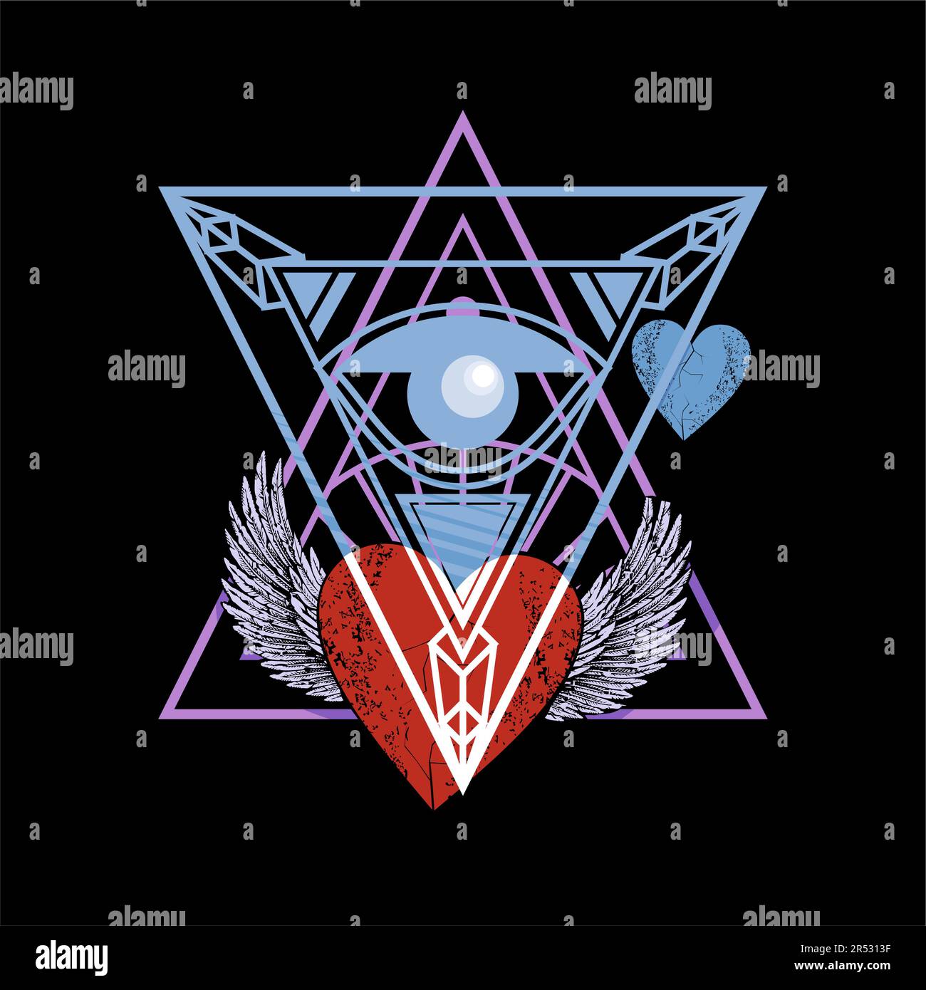 winged heart design for t-shirt with two superimposed triangles. Vector illustration for Valentine's Day. Stock Vector