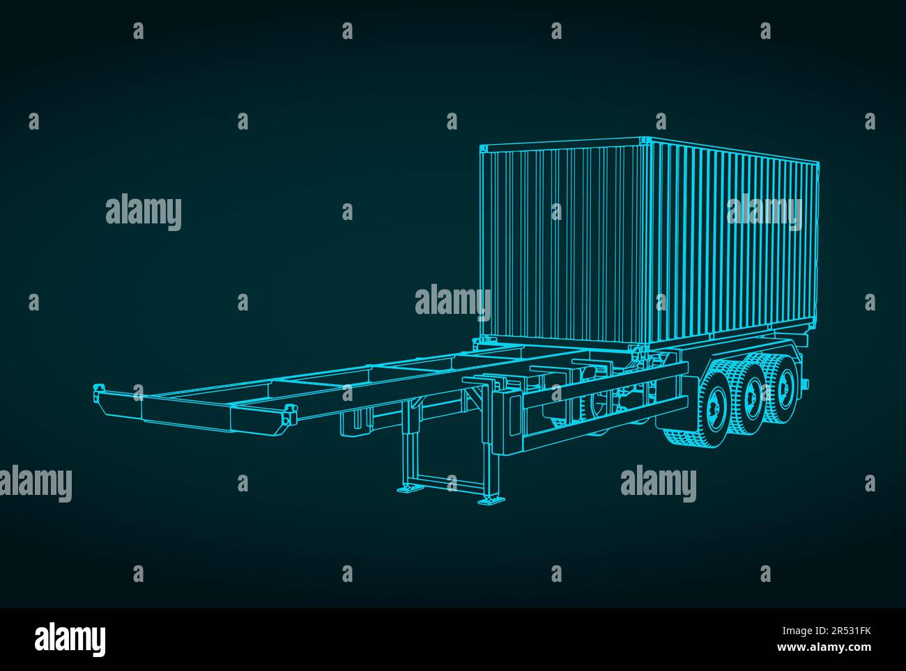 Stylized vector illustration of blueprint of tri-axle container trailer ...