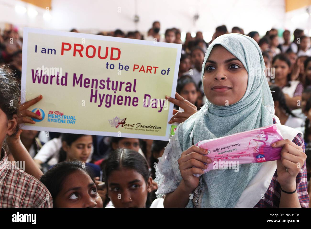 May 28, 2023 in Kolkata, India: A Muslim Girl holds a sanitary pad 