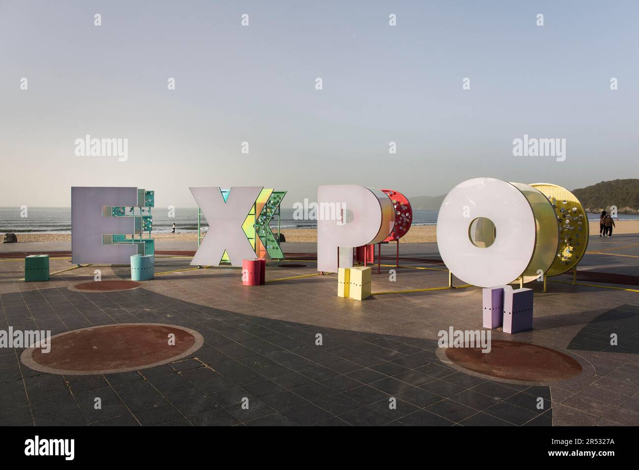 World Expo 2030 in Busan, South Korea, World Expo, city by the sea, Haeundae beach, people, visitors, morning light Stock Photo