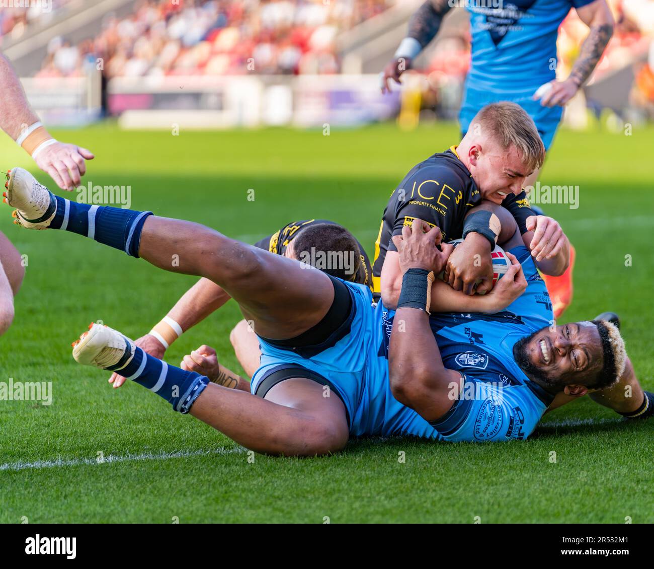 York, UK. 27th May, 2023. Rugby League Summer Bash: Featherstone Rovers v York RLFC. #17 GAD-WIN SPRINGER, held up at the try line Stock Photo