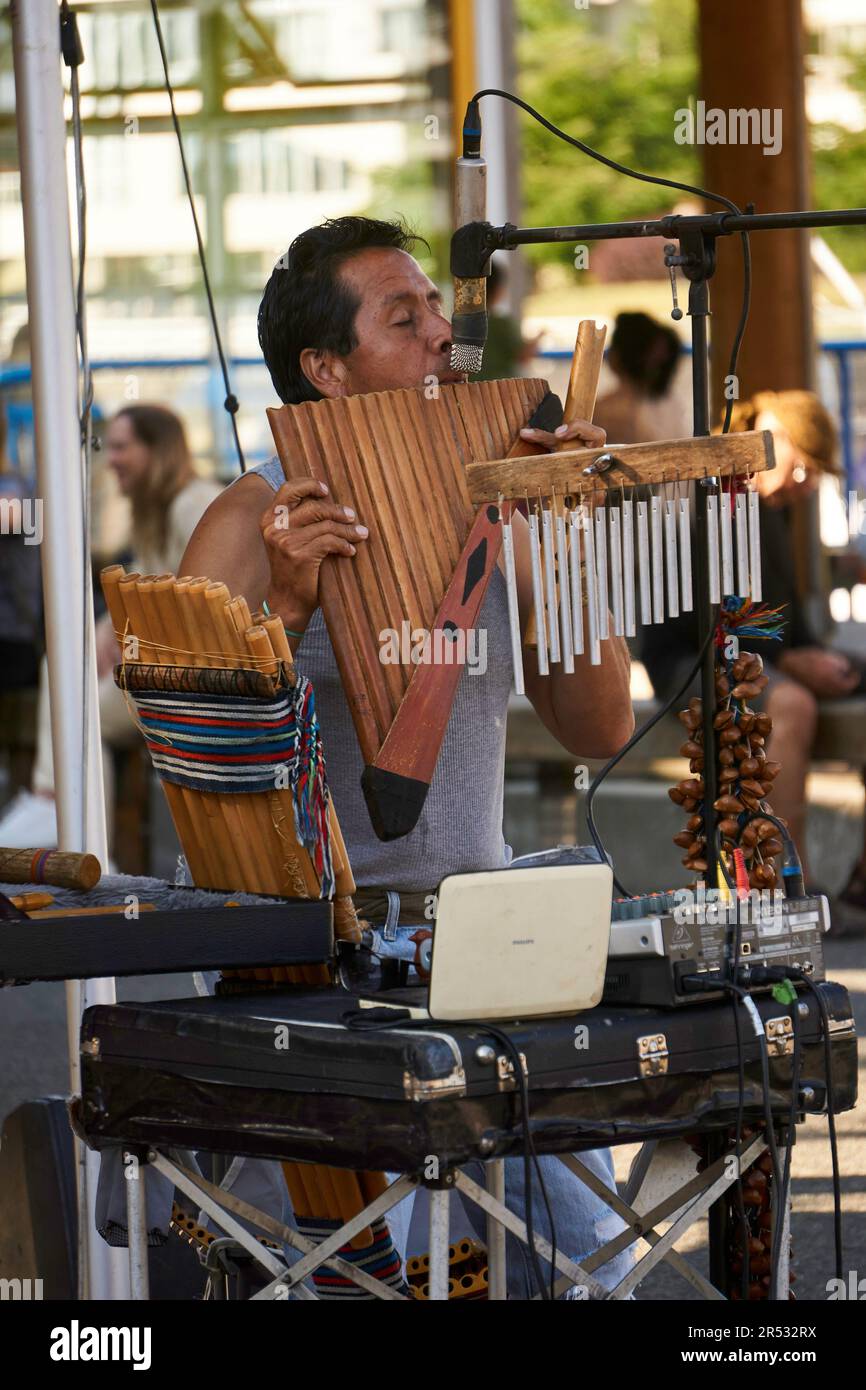 Closeup of a Hispanic man playing the South American panpipes, Granville Island Market, Vancouver, BC Stock Photo