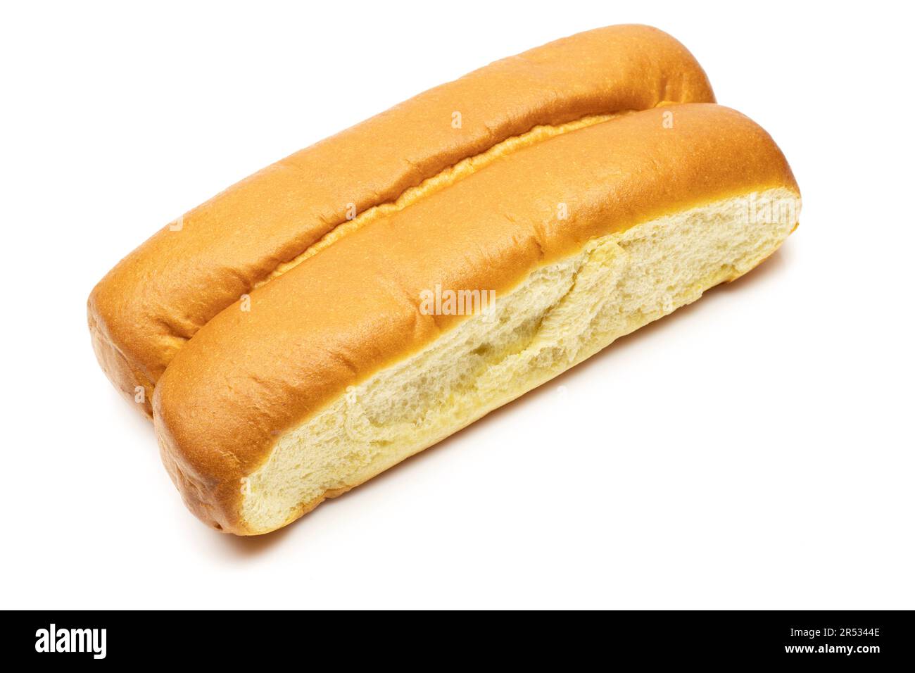 Two brioche buns isolated on white background. Milky sweet and soft rolls Stock Photo