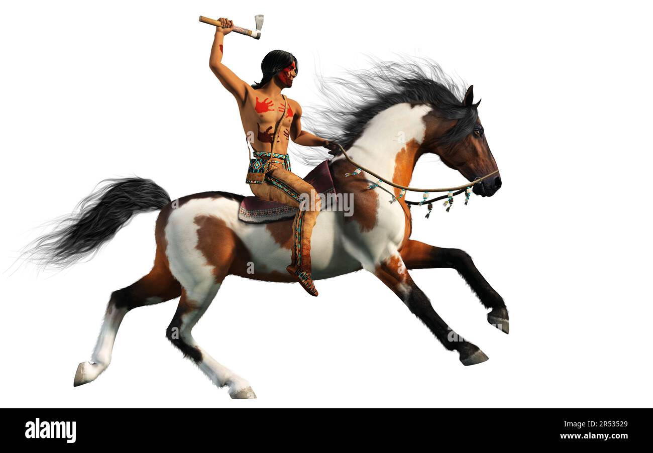 A Native American warrior painted for battle and wielding a tomahawk rides his galloping pinto mustang horse. On a white background. 3D Rendering. Stock Photo