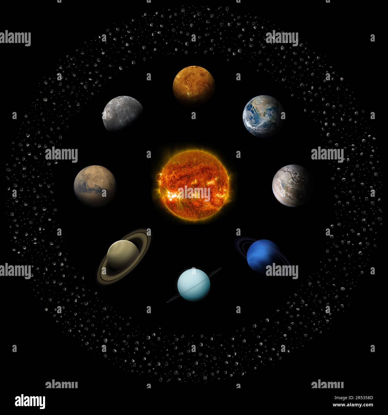Solar system planets, Sun and asteroid belt isolated on black for ease of use and integration into your design. Elements furnished by NASA. Stock Photo