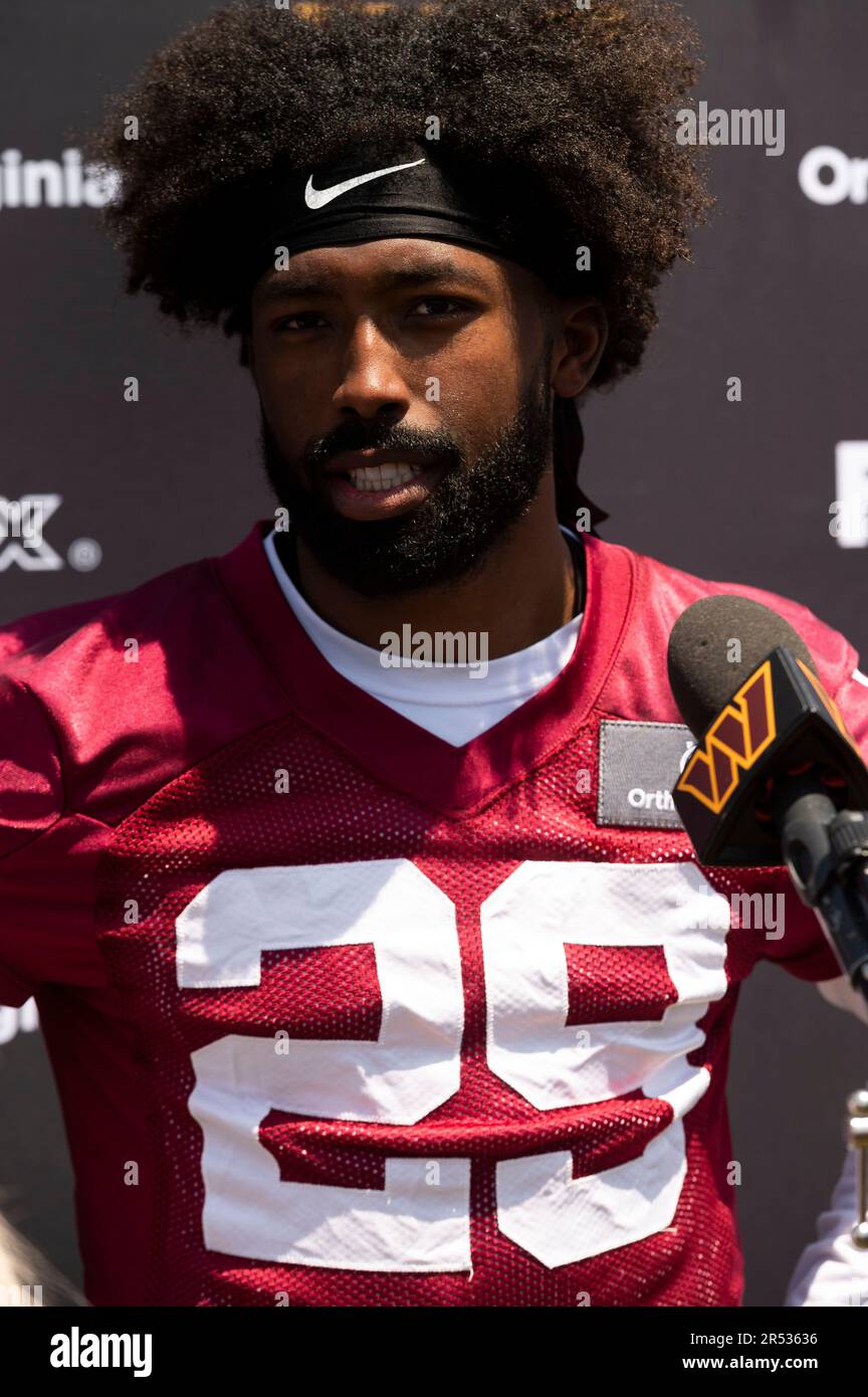 Washington Commanders corner back Kendall Fuller speaks with reporters