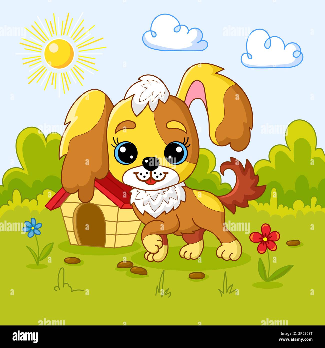 Cartoon puppy in the backyard. Vector illustration Stock Vector