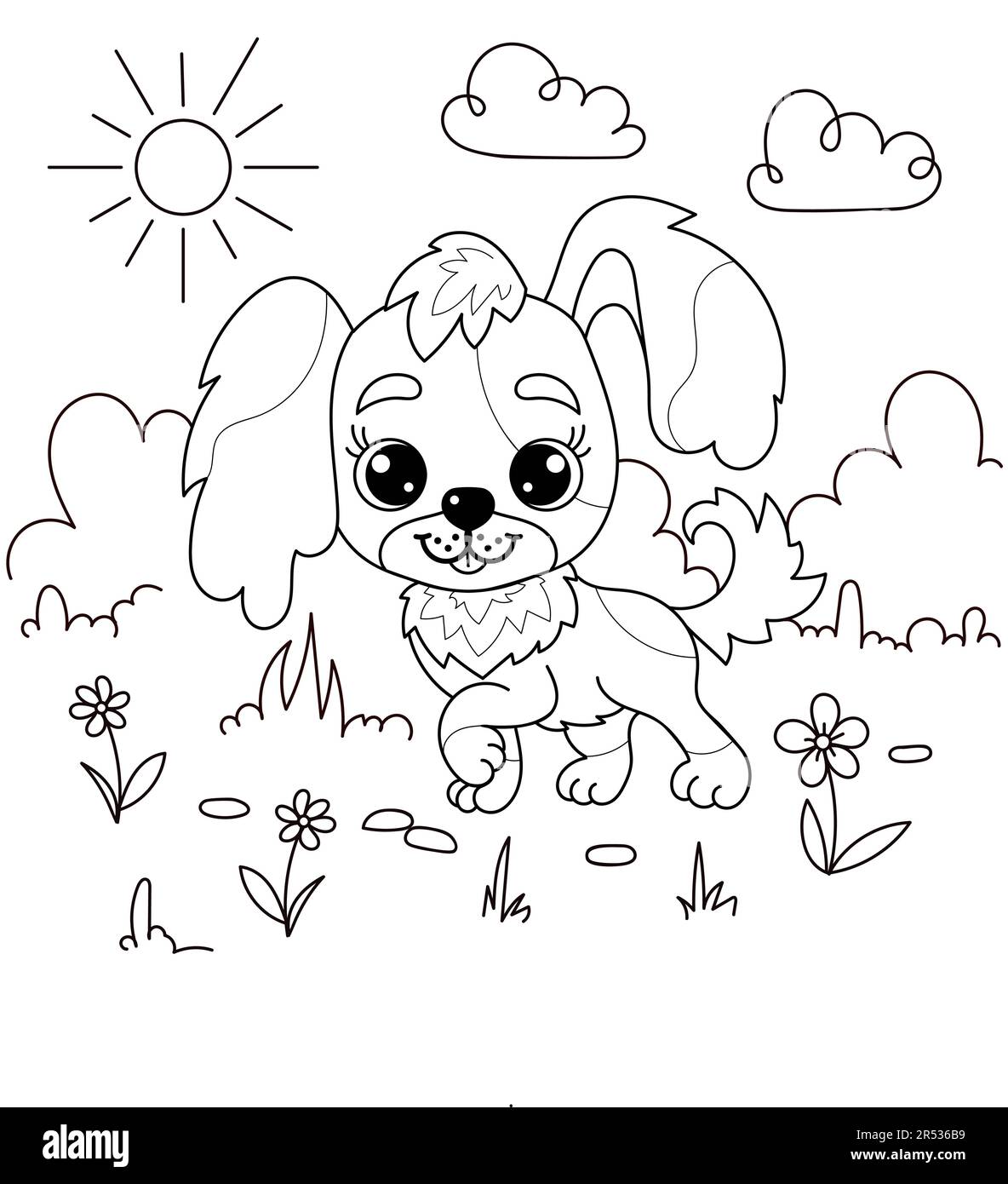Cute puppy in the yard. Black and white contour drawing. Farm theme. For children's design of coloring books, prints, posters, stickers, postcards and Stock Vector
