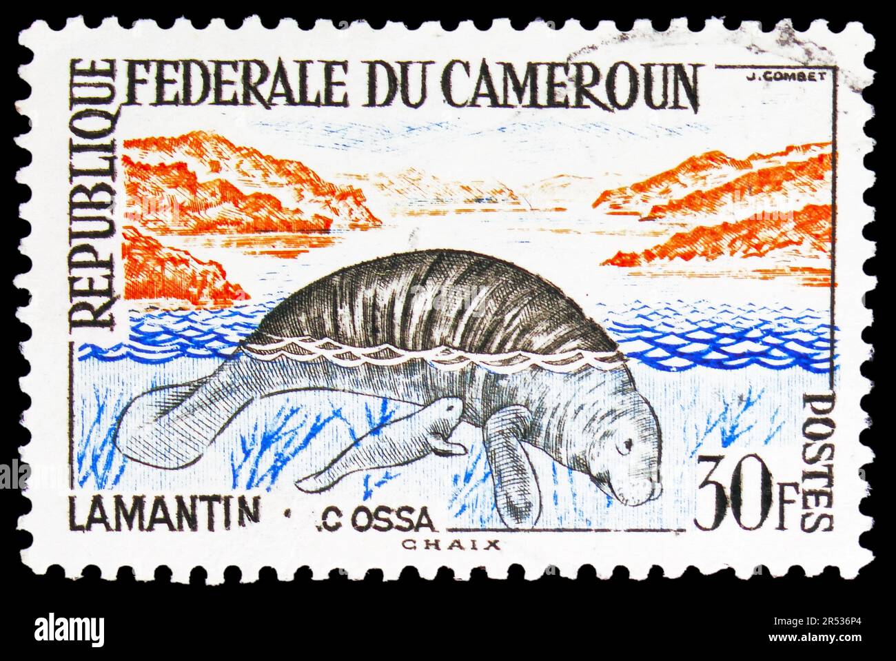 MOSCOW, RUSSIA - MAY 18, 2023: Postage stamp printed in Cameroon shows African Manatee (Trichechus manatus senegalensis), Native animals serie, circa Stock Photo