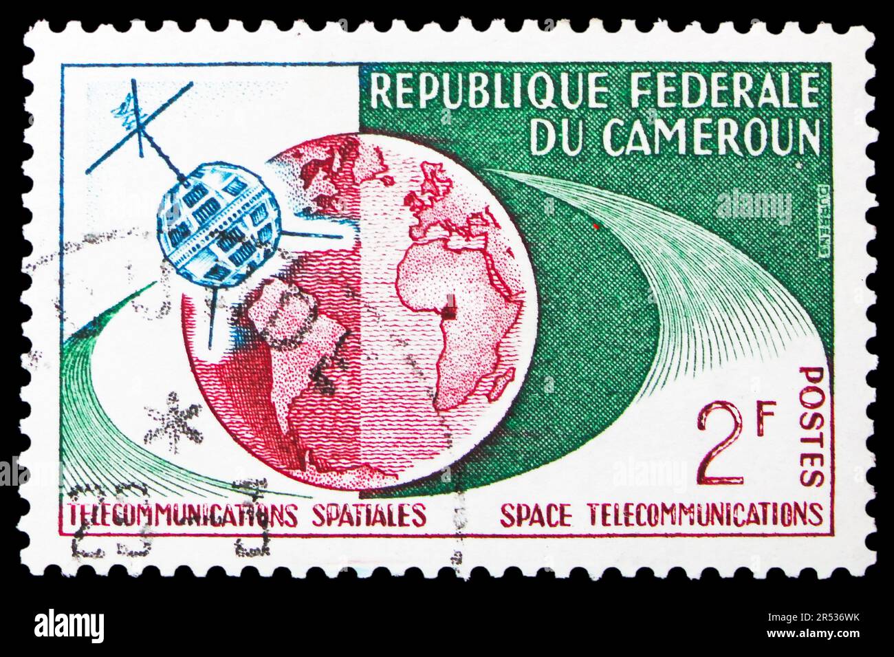 MOSCOW, RUSSIA - MAY 18, 2023: Postage stamp printed in Cameroon shows Telstar and Globe, First TV Remote America to Europe by 'Telstar' serie, circa Stock Photo
