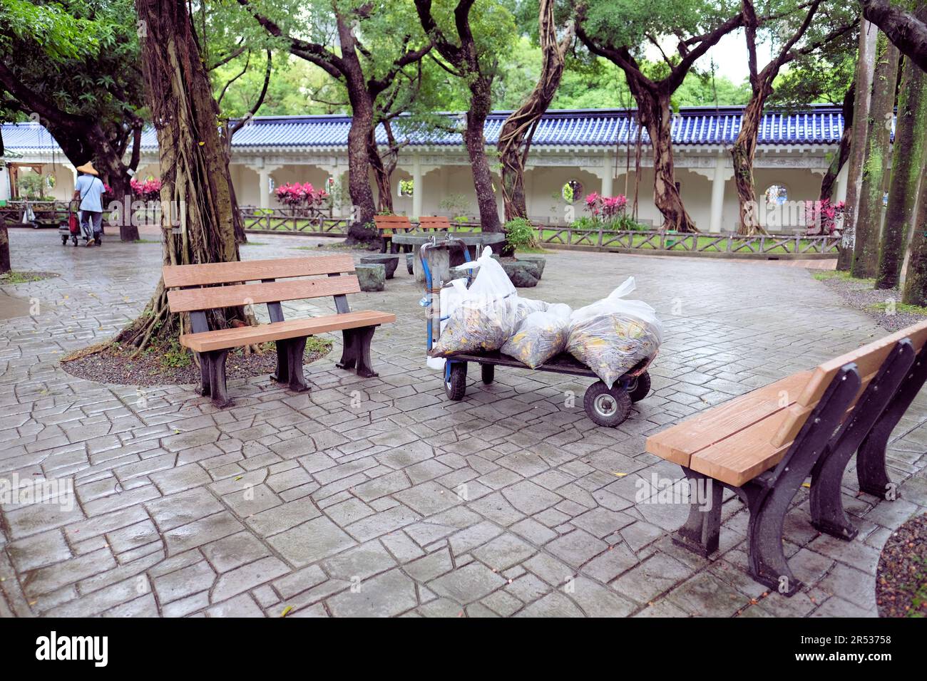 Flat bed cart with three plastic bags containing raked leaves and other yard waste; Chiang Kai-Shek Memorial Hall, Taipei, Taiwan; park maintenance. Stock Photo