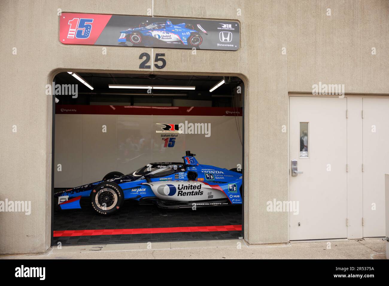 INDIANAPOLIS, INDIANA, UNITED STATES - 2023/05/28: Car of Rahal Letterman Lanigan Racing driver Graham Rahal (15) of United States parked in Gasoline Alley during the 2023 Indy 500 at Indianapolis Motor Speedway in Indianapolis. Stock Photo