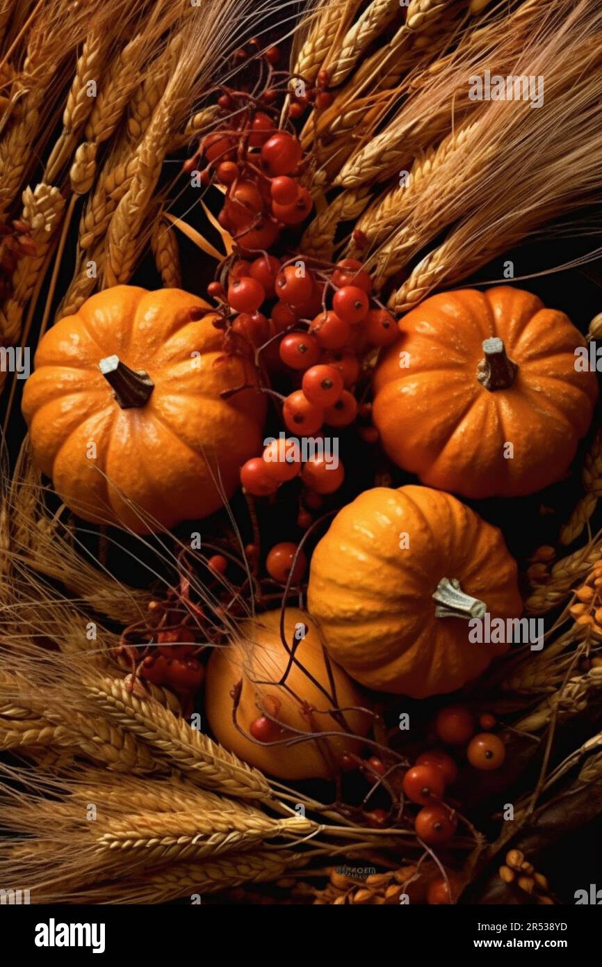 Festive autumn harvest still life. Golden rye, pumpkins, dry flowers, berries. Autumnal composition Stock Photo