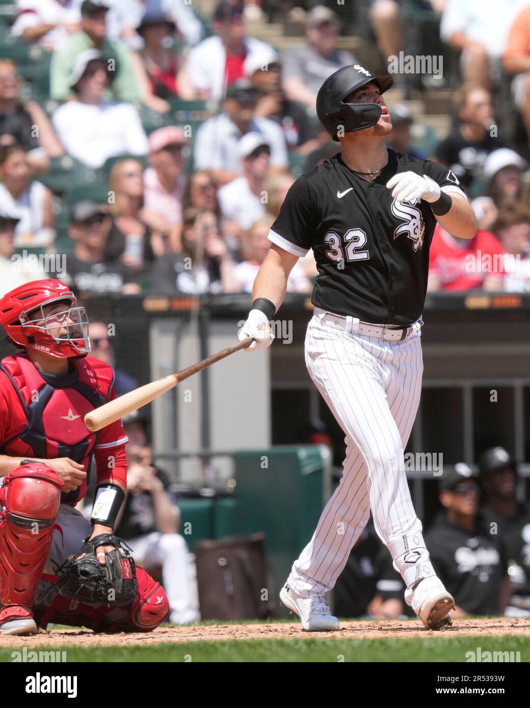 Chicago White Sox's Gavin Sheets watches his home run against the