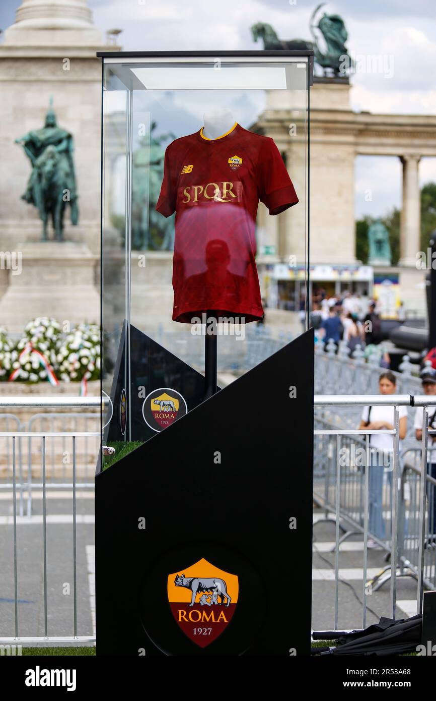 General view of the AS Roma T-shirt at the Fan Festival ahead of the UEFA  Europa League 2022/23 final match between Sevilla FC and AS Roma at Heroes'  Square. (Photo by Mohammad