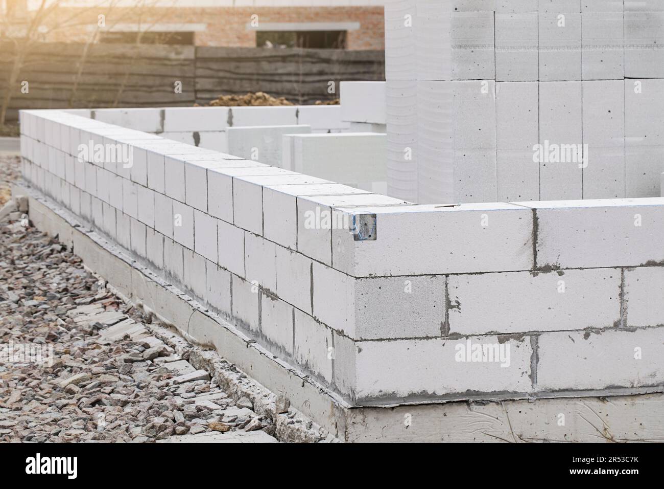 Construction of Aerated Concrete. Unfinished house wall made from white