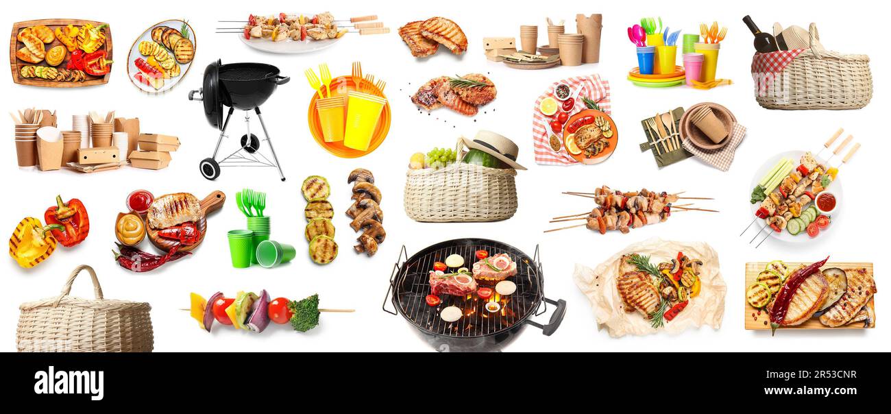 collage-for-picnic-with-accessories-and-tasty-food-on-white-background