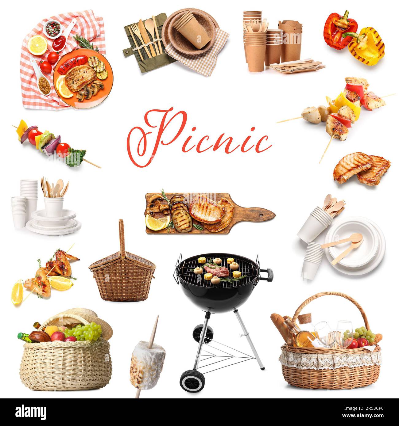 https://c8.alamy.com/comp/2R53CP0/collection-for-picnic-with-accessories-and-tasty-food-on-white-background-2R53CP0.jpg