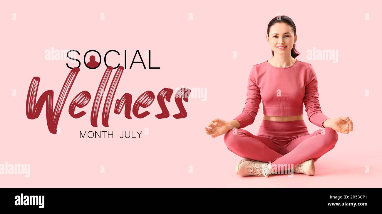Banner for Social Wellness Month with young meditating woman Stock Photo