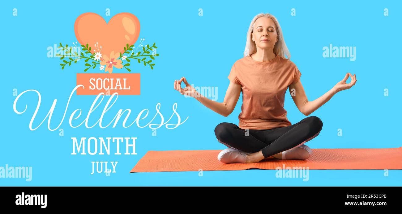 Banner for Social Wellness Month with meditating mature woman Stock Photo