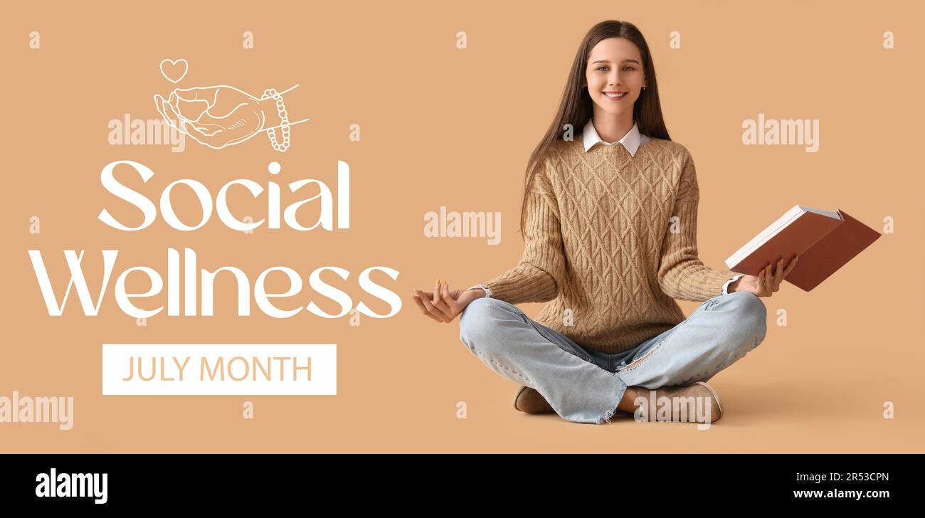 Banner for Social Wellness Month with meditating young woman holding book Stock Photo