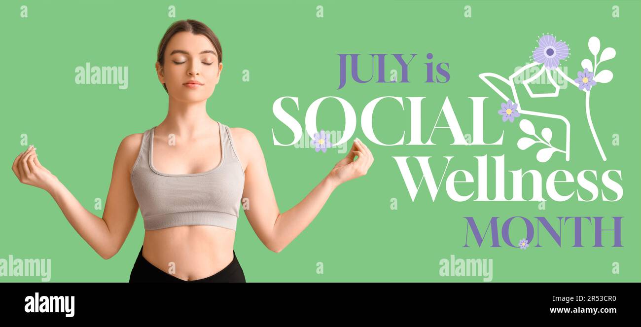 Banner for Social Wellness Month with meditating young woman Stock Photo