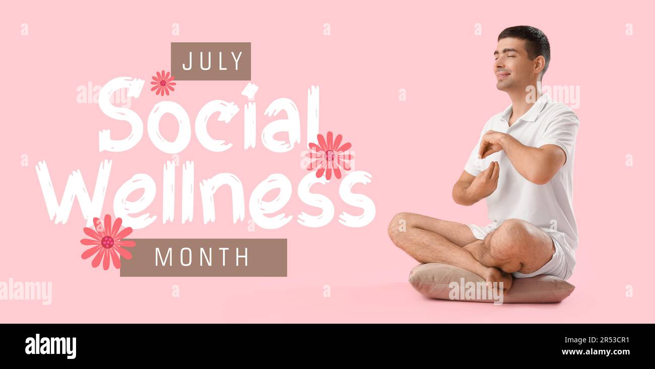 Banner for Social Wellness Month with meditating young man Stock Photo