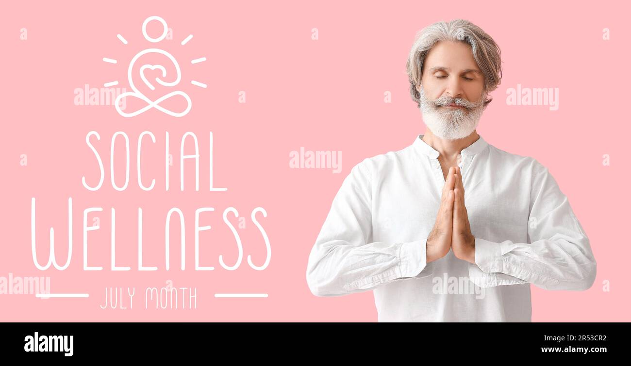 Banner for Social Wellness Month with meditating mature man Stock Photo