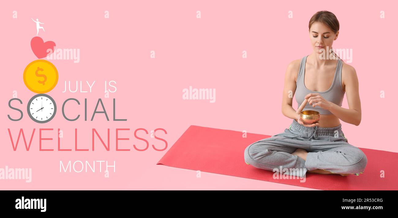 Banner for Social Wellness Month with meditating young woman Stock Photo