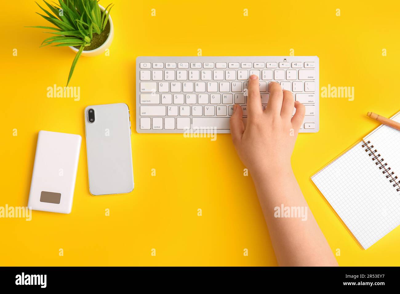 Female programmer using computer keyboard with mobile phone on yellow background Stock Photo