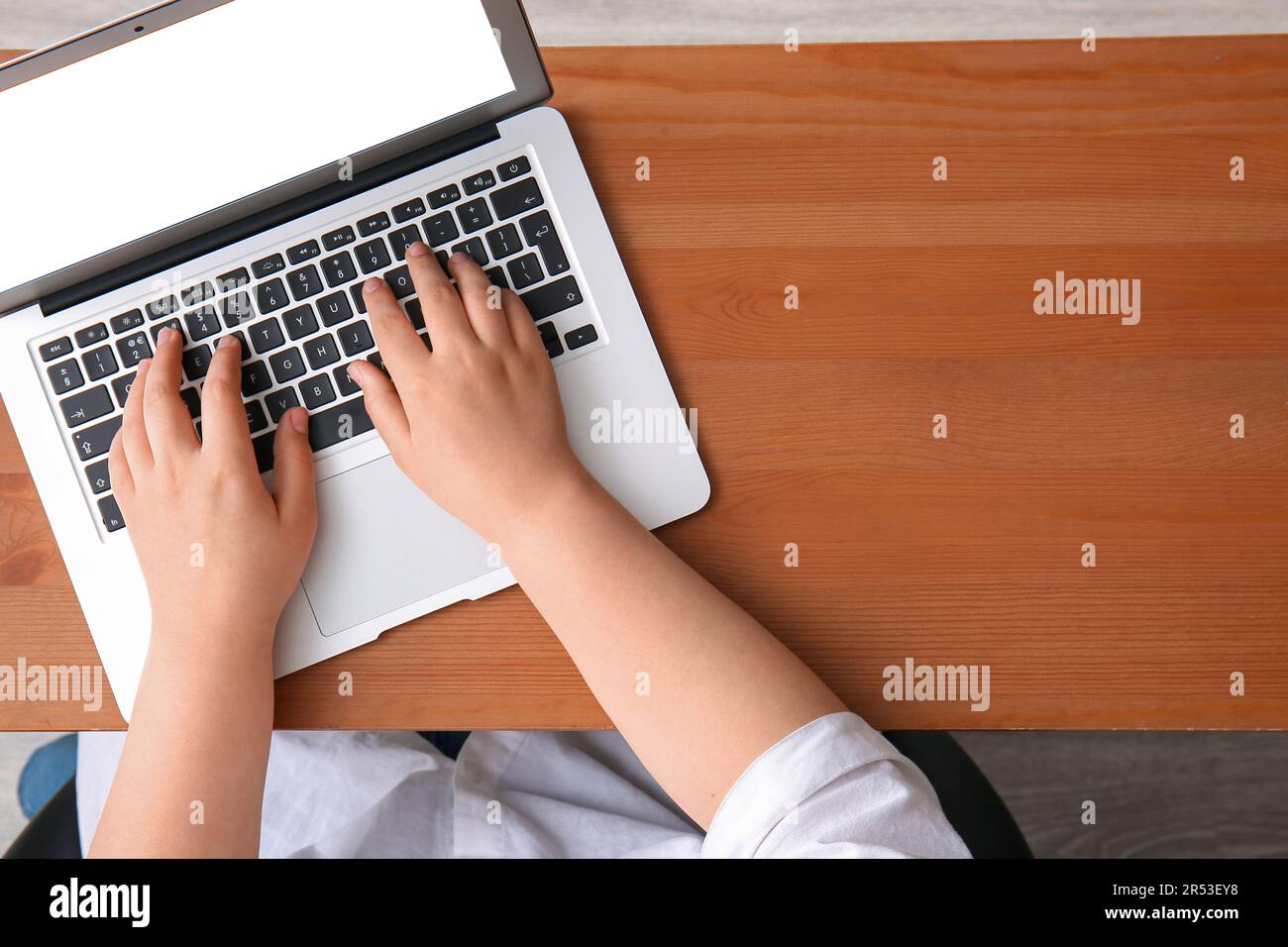 Female programmer using laptop on wooden table Stock Photo