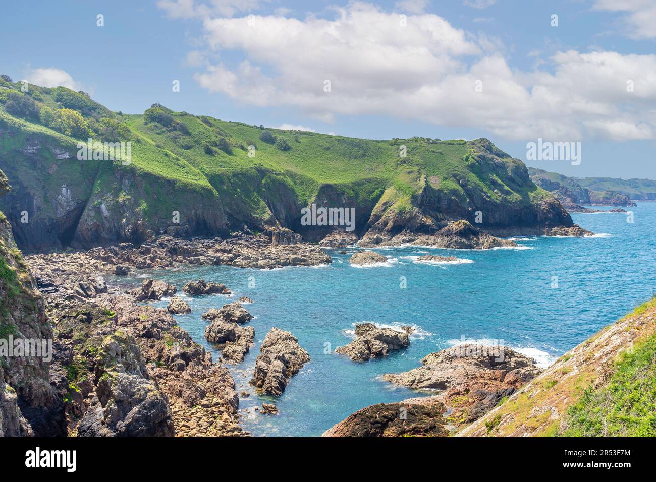 Rocky coastline at Devil's Hole, St Mary Parish, Jersey, Channel Islands Stock Photo