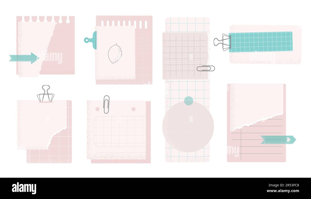 Stickers, note papers, planner doodles vector illustrations collection. Light colors set for diary, notebook. Stock Vector