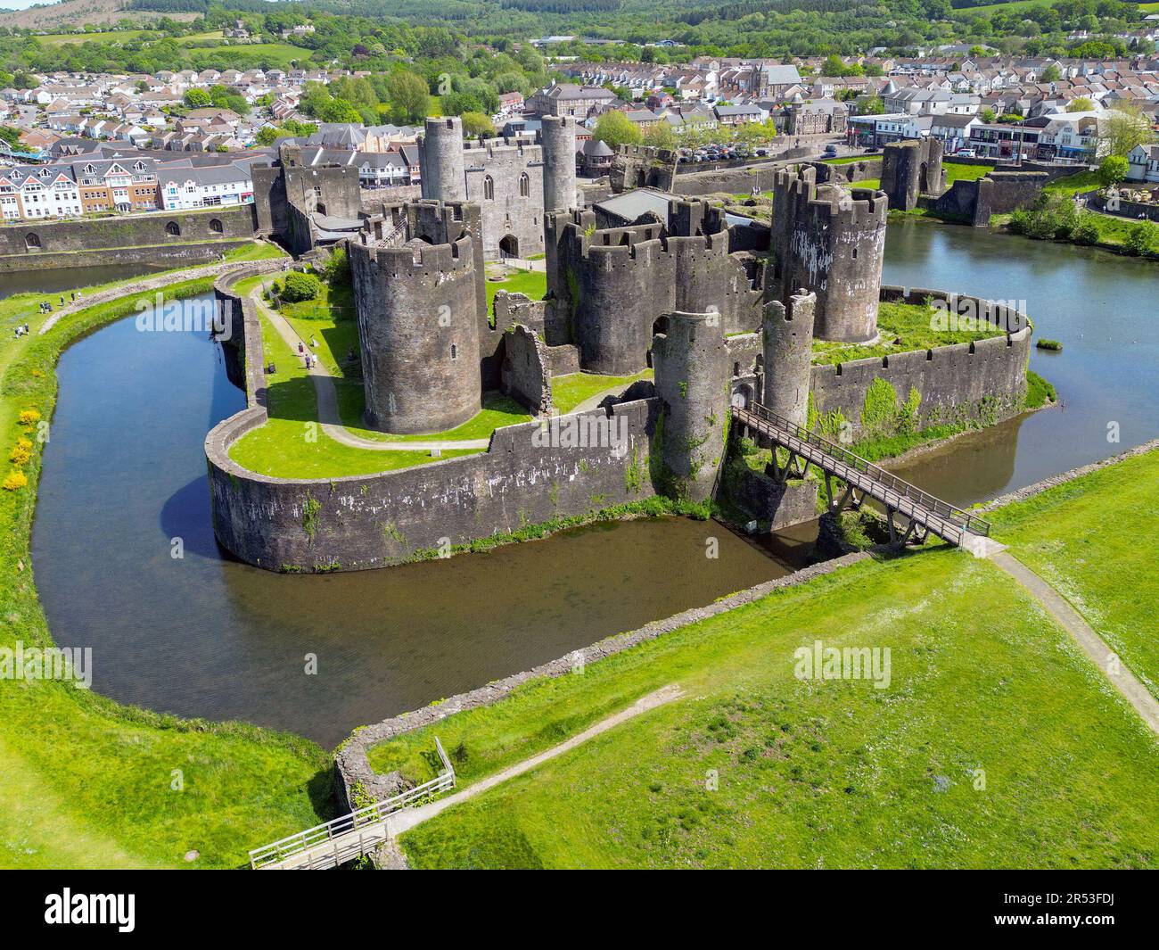 Caerphilly, Wales - May 2023: Aerial view of Caerphilly Castle in south Wales, It is the second biggest castle in the UK after Windsor Castle Stock Photo