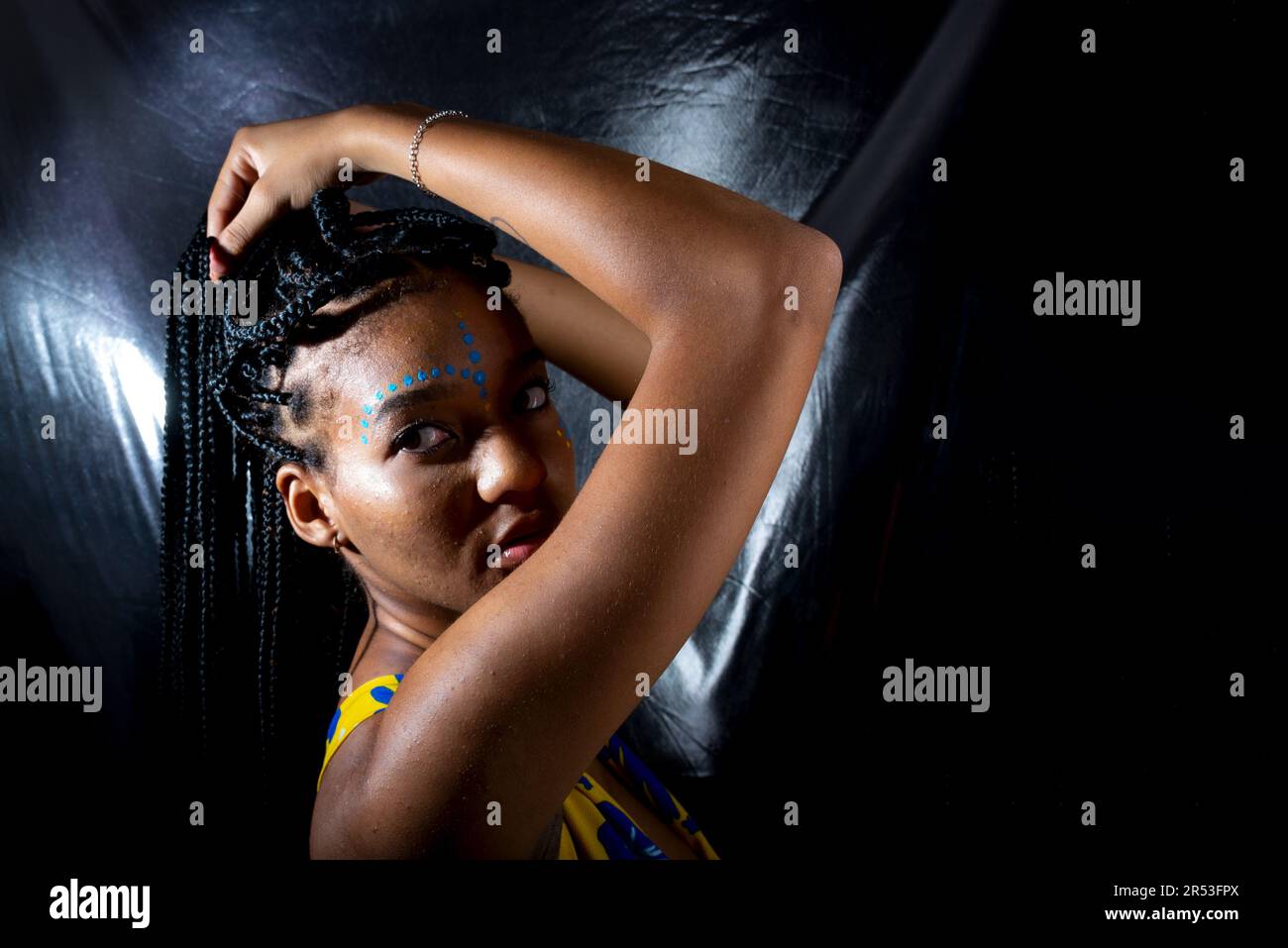 Portrait of a beautiful black woman with long braids in her hair and ...
