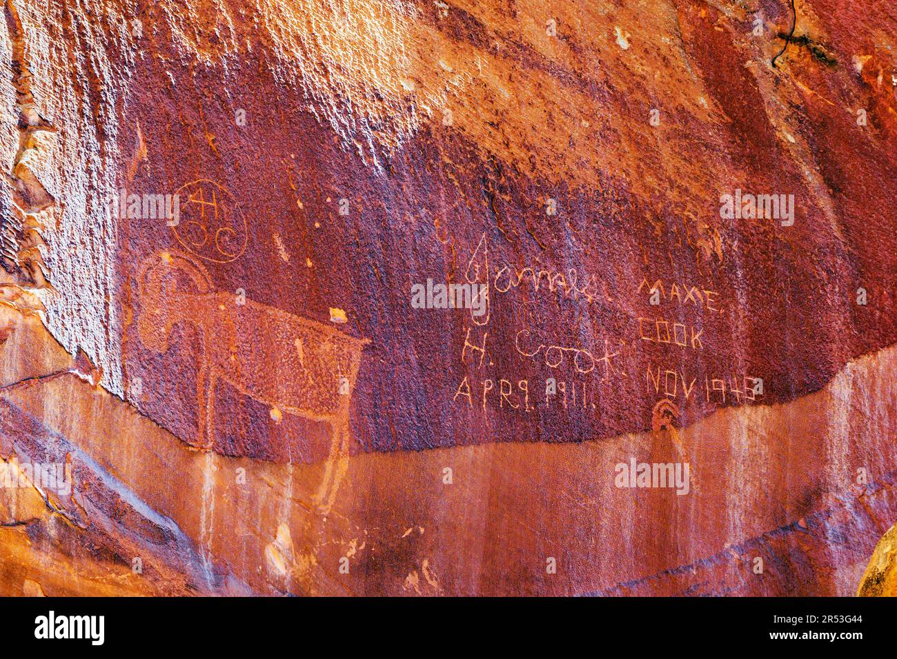 Ancient Pueblo petroglyphs; Petroglyph Panel; Capital Reef National Park; Utah; USA Stock Photo