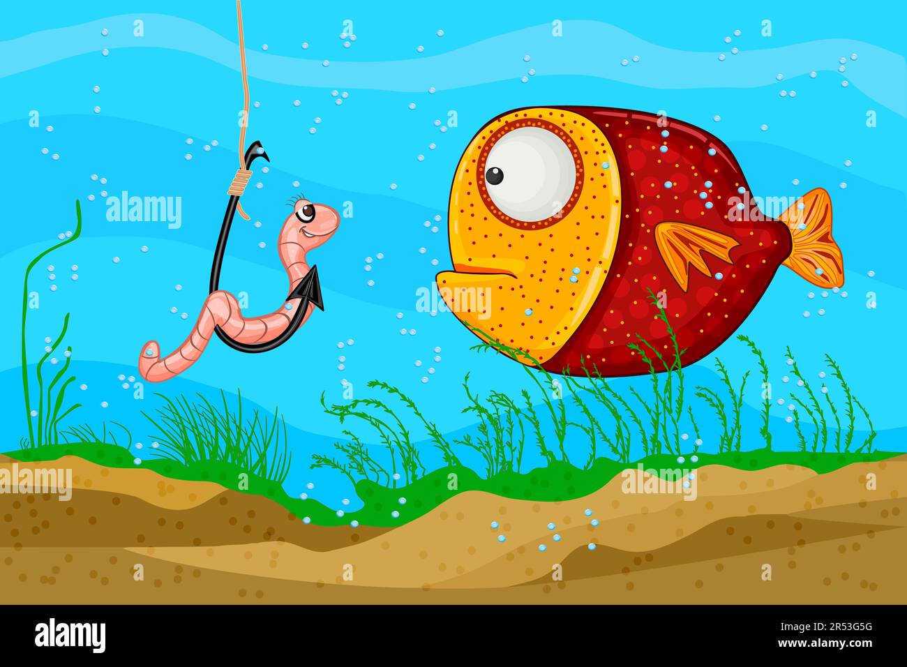 Worm on hook and fish under water. Earthworm and fish swimming in underwater.Bait lure fishes in river, lake or sea during fishing.Vector illustration Stock Vector
