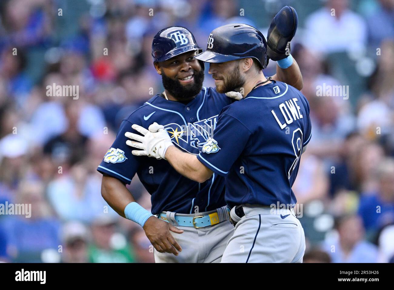 Tampa Bay Rays Manuel Margot (13) congratulates Brandon Lowe (8) after