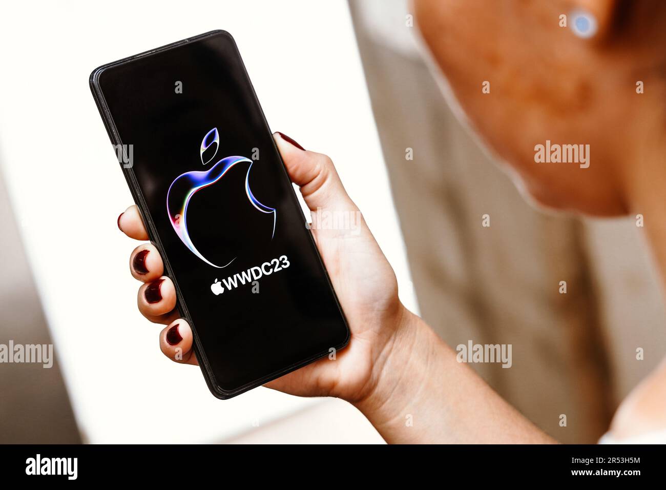 In this photo illustration, the 2023 Apple Worldwide Developers Conference (WWDC 23) logo is