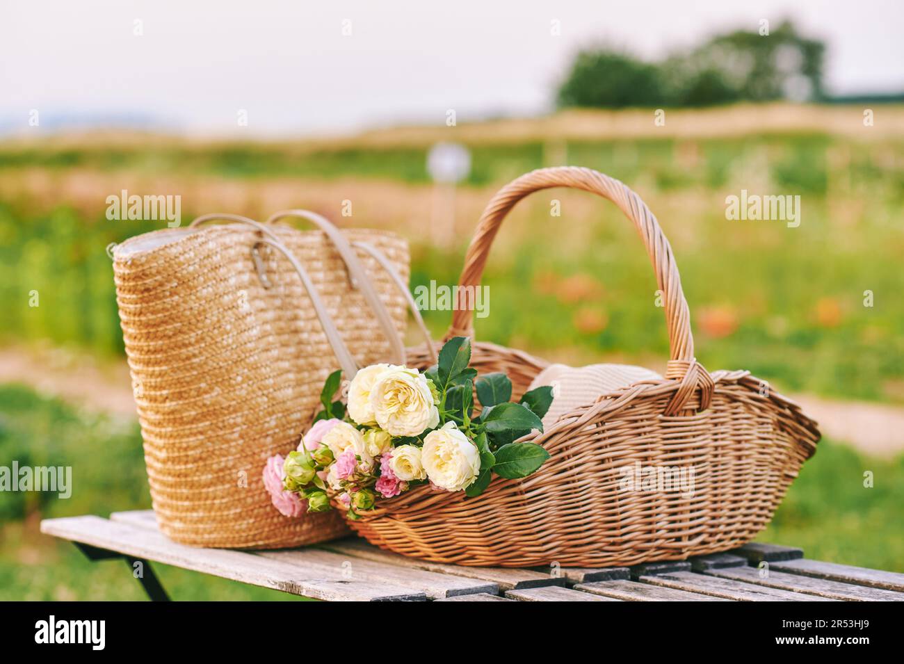 Romantic outdoor image of straw bag and basket full of freshly cut