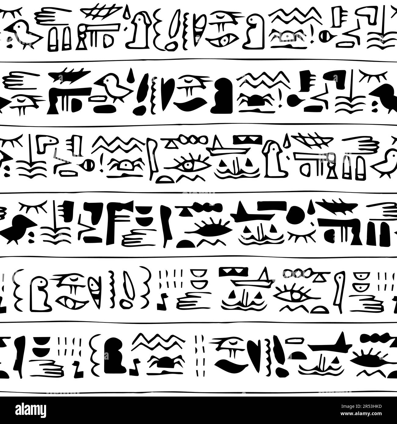 Seamless egyptian pattern theme with tribal ethnic motifs. Black-white horizontal vintage border, retro hand drawing for textile Stock Vector